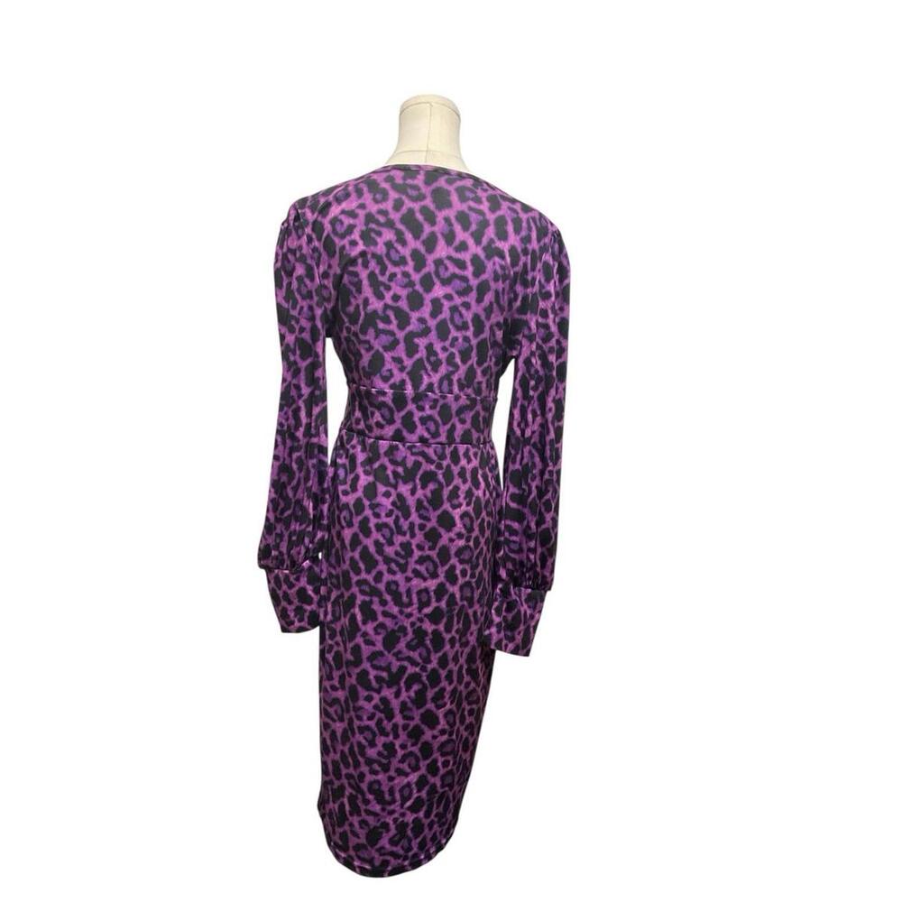 SHEIN Purple Leopard Print Midi Dress Size L Long Sleeve V Neck Preloved A-9 - Picture 6 of 6